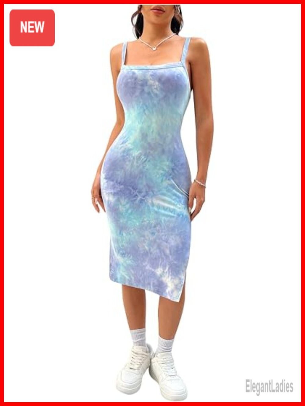 Tie Dye Bodycon Midi Dress Spaghetti Strap Thigh Slit Summer
